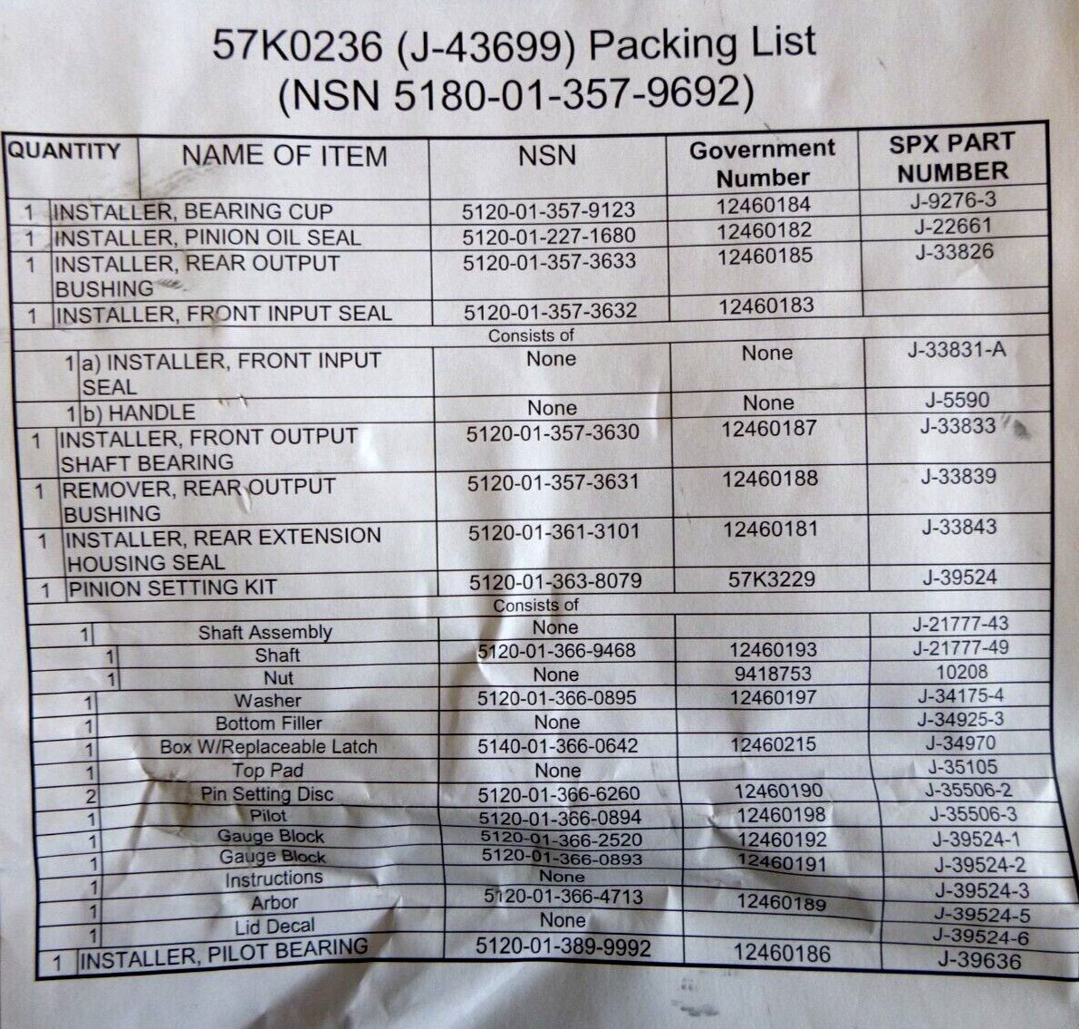 Humvee M998 M1097 Transfer Case Repair 17 Pc. Tool Kit 57K0236 Kent Moore J43699 | Industrial MRO Tools and Replacement Industrial Equipment Components