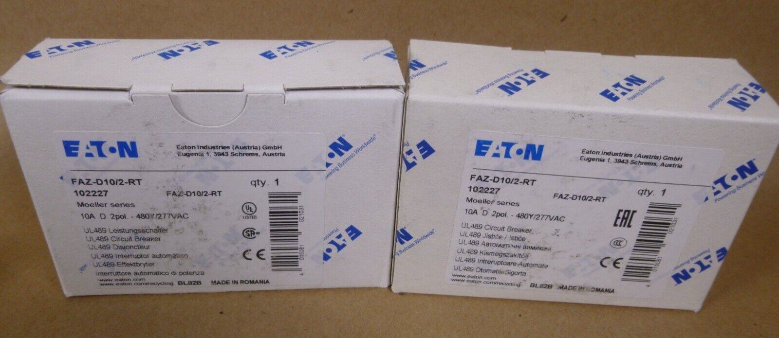 (Lot of 2) Eaton FAZ-D10/2-RT Circuit Breaker , 2-Pole, 10A , 480Y/277VAC | Electrical MRO Replacement Parts & Components and Commercial Electrical Supplies Company