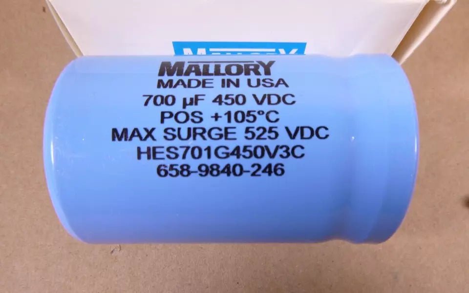 Mallory HES701G450V3C Electrolytic Capacitor, Screw, 700 µF 450 Vdc Made in USA | Electrical MRO Replacement Parts & Components and Commercial Electrical Supplies Company