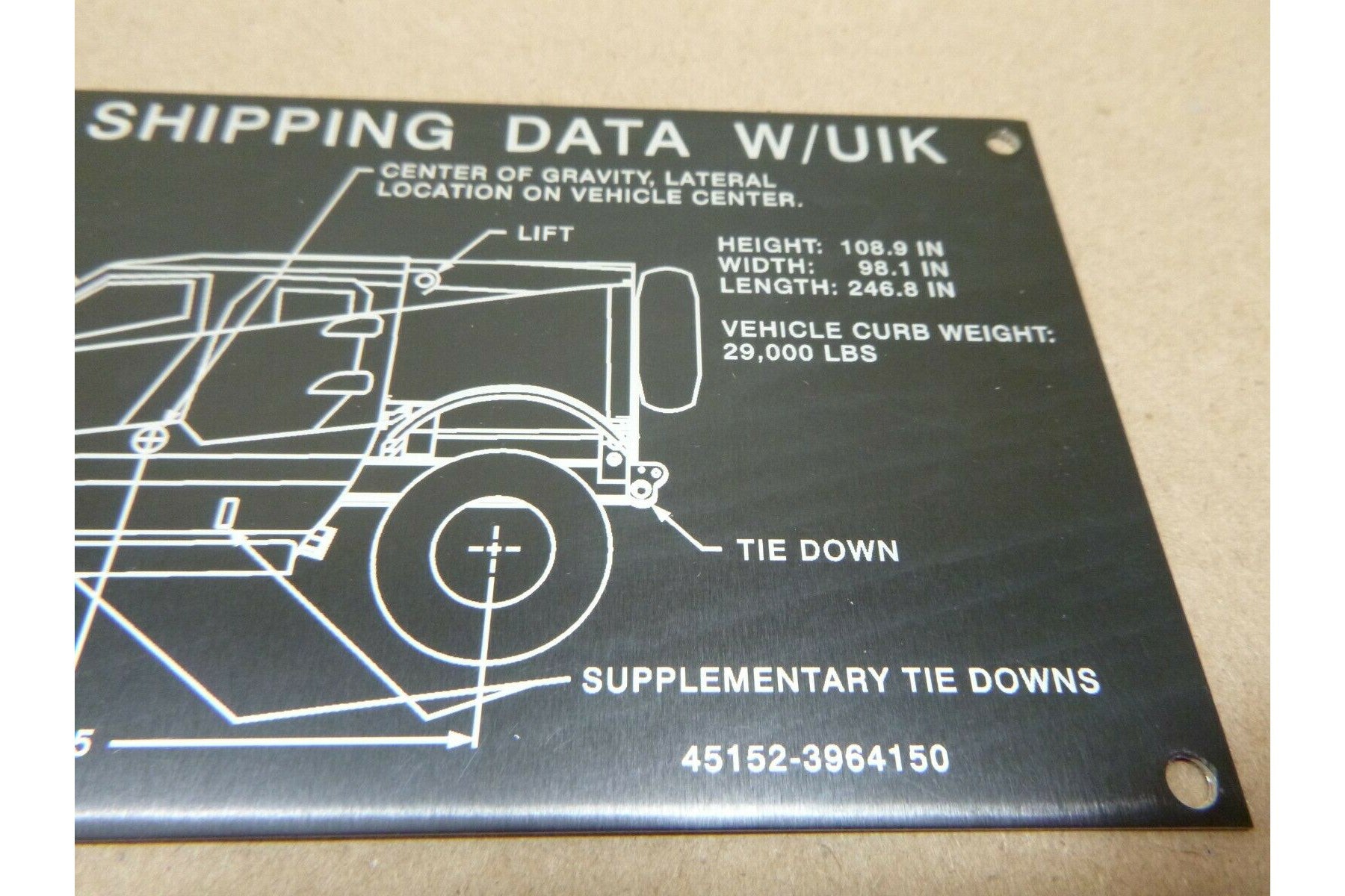 MATV M-ATV SHIPPING DATA W/ UIK WEIGHT TIE DOWN DECAL INSTRUCTION PLATE ALUMINUM | Genuine FMTV Replacement Parts, LMTV Parts For Sale and Military Surplus Medium Tactical Vehicle Parts & Components