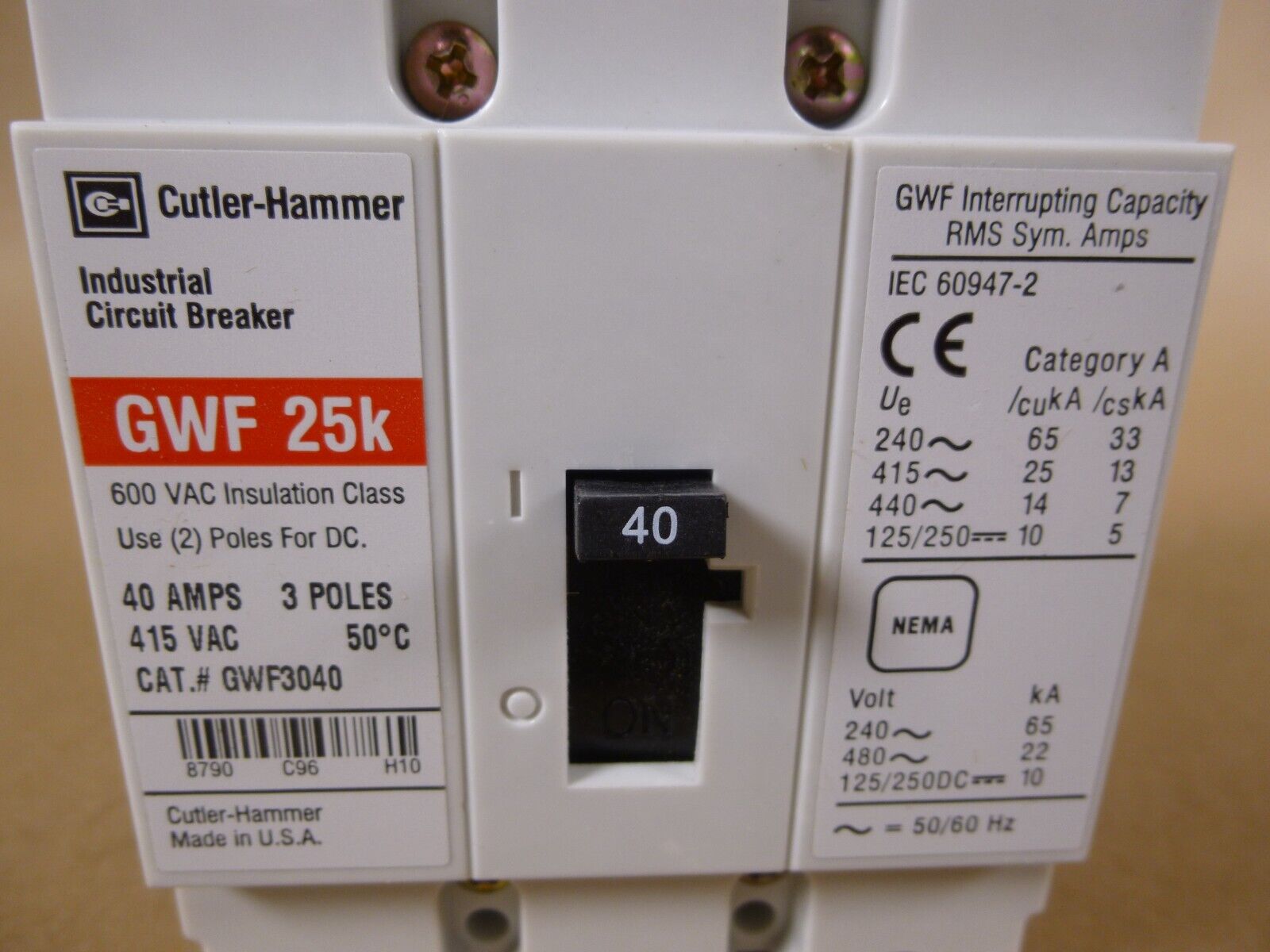 NEW Cutler-Hammer GWF3040 Circuit Breaker, G-frame, GWF, 3-pole, 40A, 415 Vac | Electrical MRO Replacement Parts & Components and Commercial Electrical Supplies Company