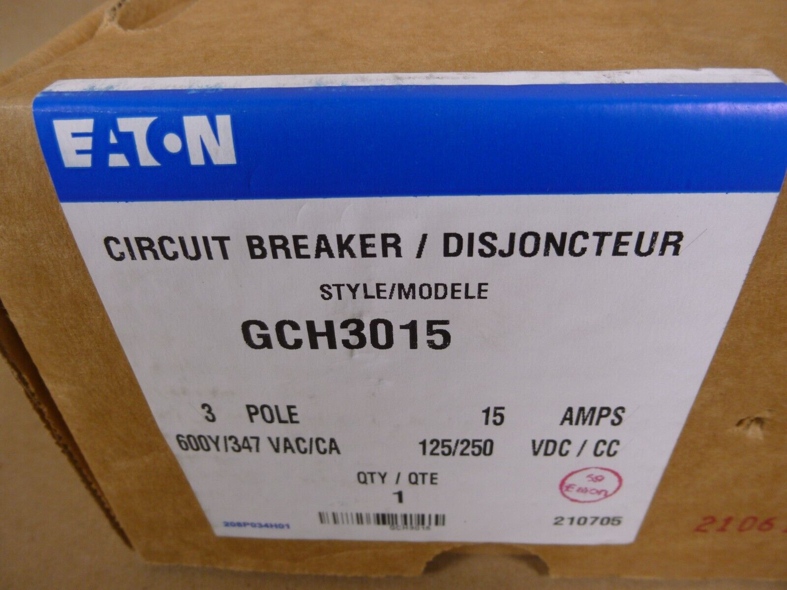 Eaton GCH3015 Circuit Breaker , 3P , 15A , 600Y/347 VAC/CA , 125/250VDC | Electrical MRO Replacement Parts & Components and Commercial Electrical Supplies Company