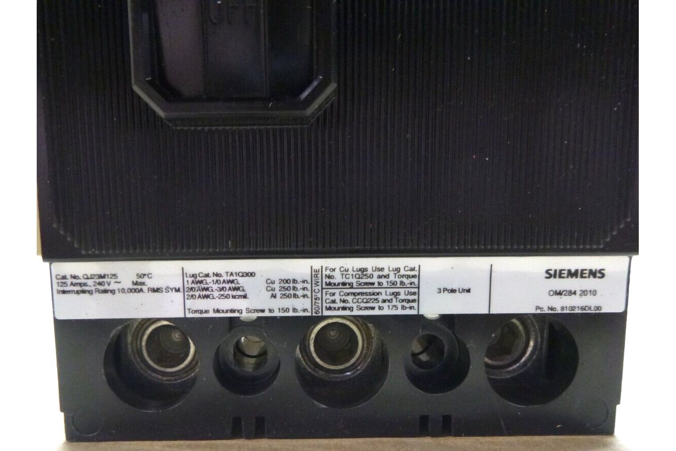 New Siemens QJ23M125, 3P 125A 240V 10KA 50C Molded Case Circuit Breaker | Electrical MRO Replacement Parts & Components and Commercial Electrical Supplies Company
