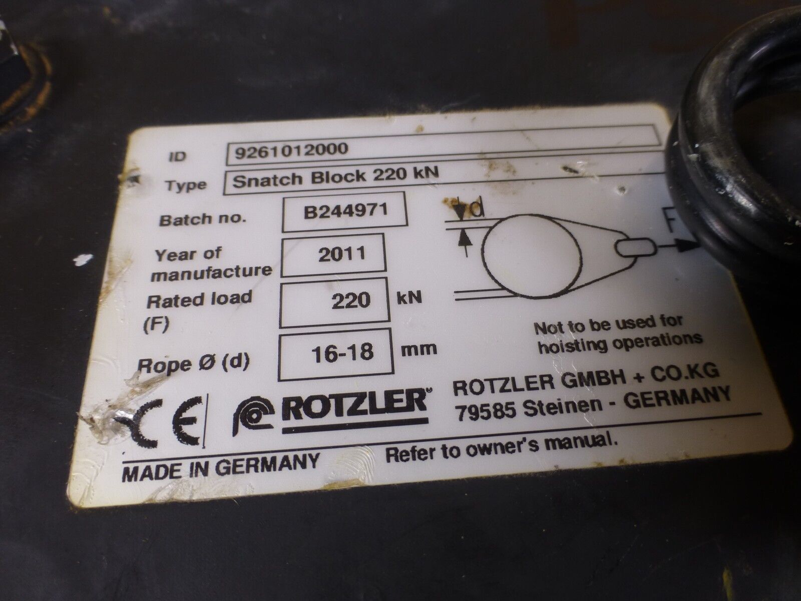 Rotzler GMBH Germany 9261012000 Snack Block , 220kN , 16-18mm Rope | Industrial MRO Replacement Parts, Manufacturing Machine Parts & Components, Heavy Equipment Parts Supplier