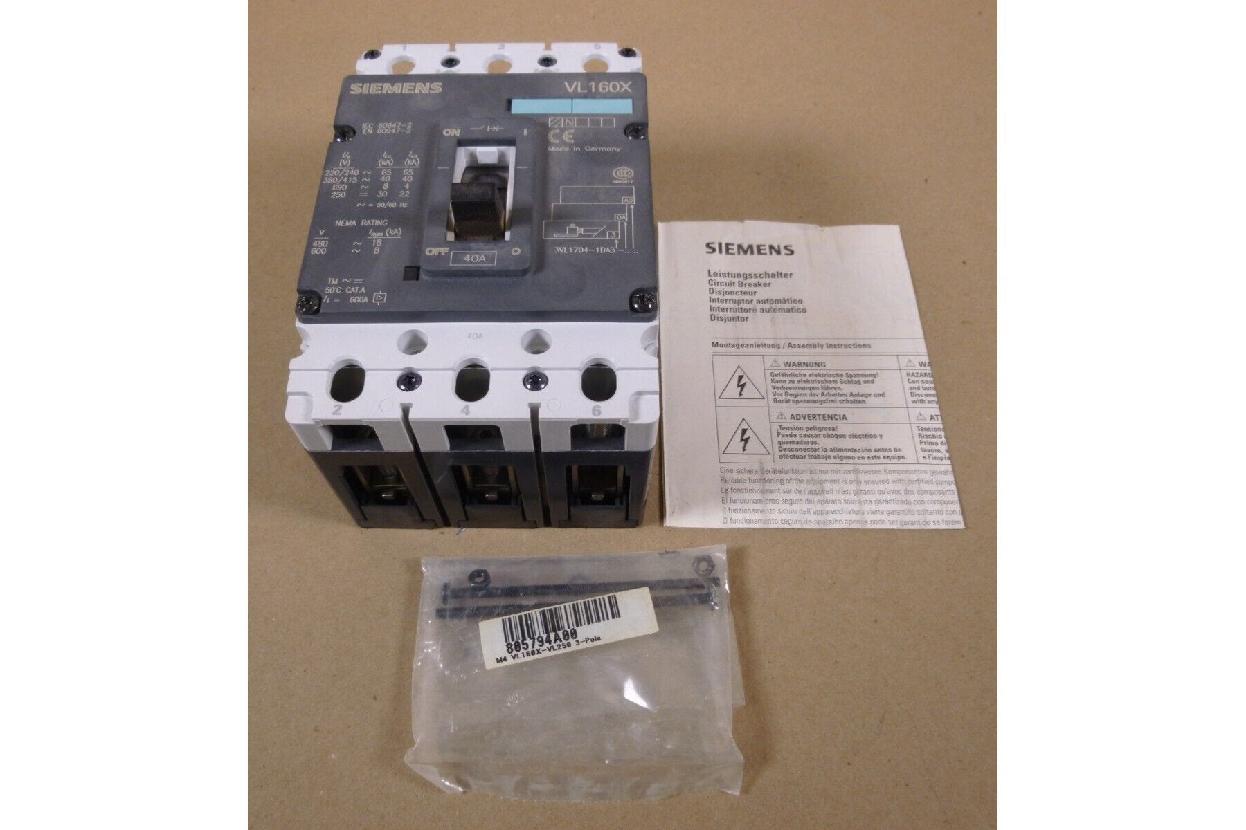 SIEMENS VL160X CIRCUIT BREAKER 40 AMPS 3VL1704-1DA33-0AA0-Z NEW | Electrical MRO Replacement Parts & Components and Commercial Electrical Supplies Company