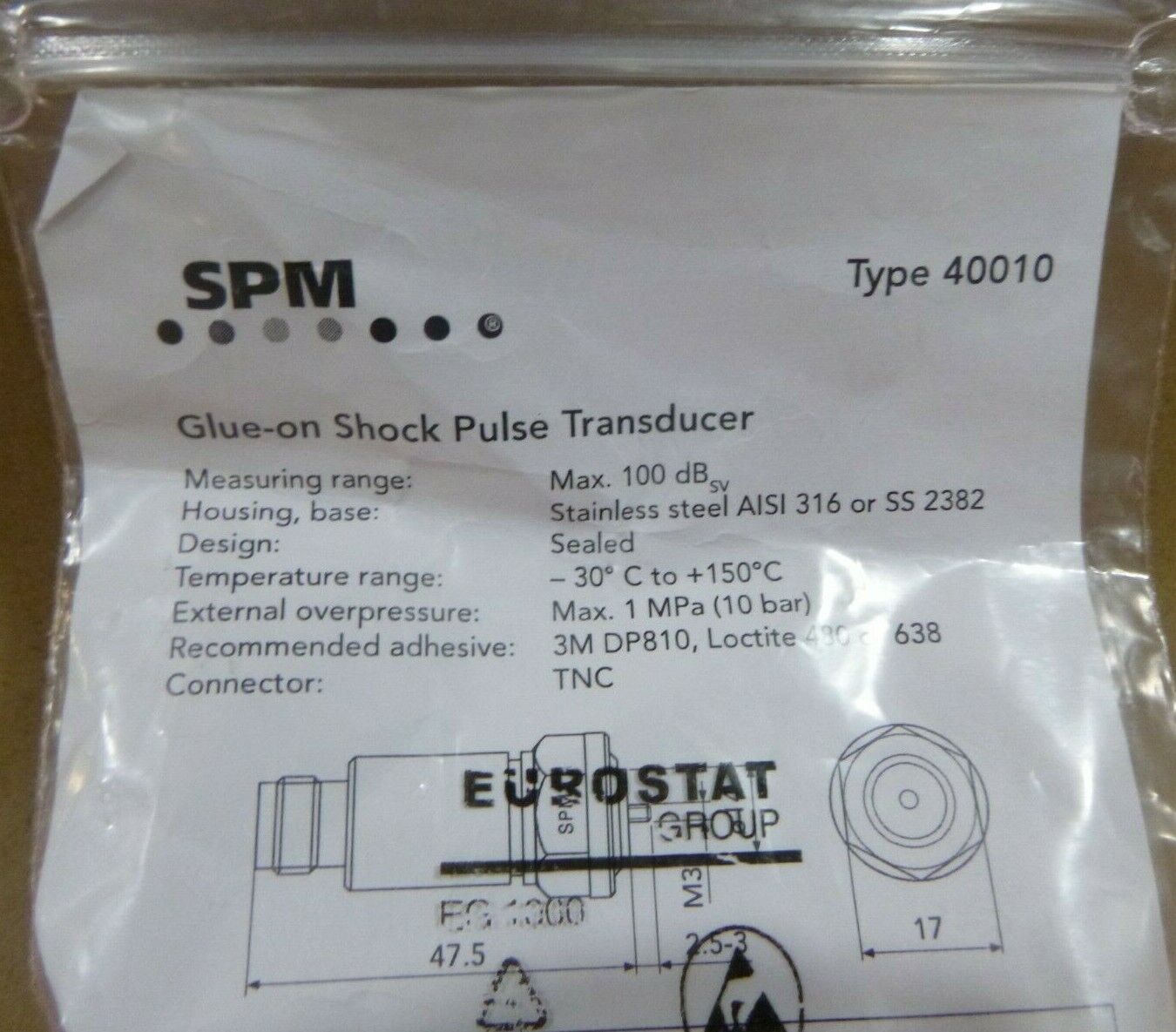 SPM TYPE 40010 GLUE-ON SHOCK PULSE TRANSDUCER 100dB STAINLESS STEEL 13FT. CABLE | Industrial MRO Replacement Parts, Manufacturing Machine Parts & Components, Heavy Equipment Parts Supplier