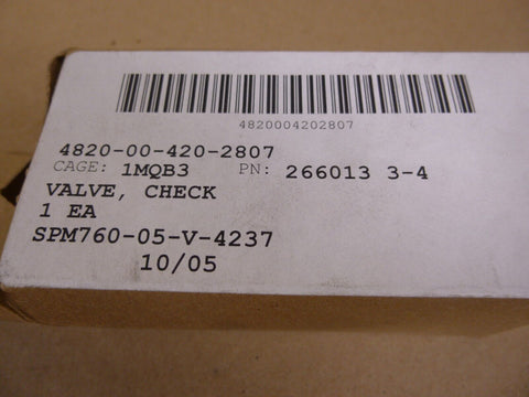 2660133 - 4 Aircraft Check Valve , 4820 - 01 - 297 - 7232 , 4820 - 00 - 420 - 2807 - Royal Equipment SIT CORPORATION