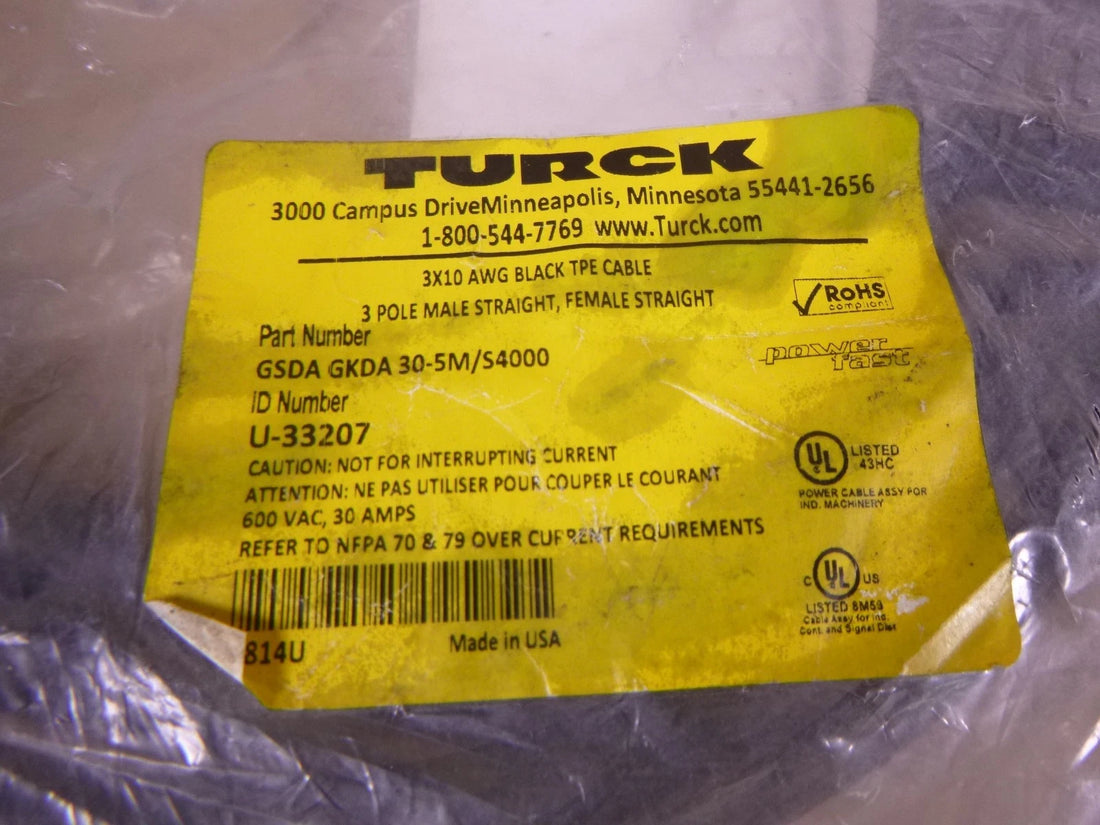 TURCK GSDA GKDA 30-5M/S4000 3x10AWG Black TPE Cable 3 Pole M F , U-33207 | Electrical MRO Replacement Parts &amp; Components and Commercial Electrical Supplies Company