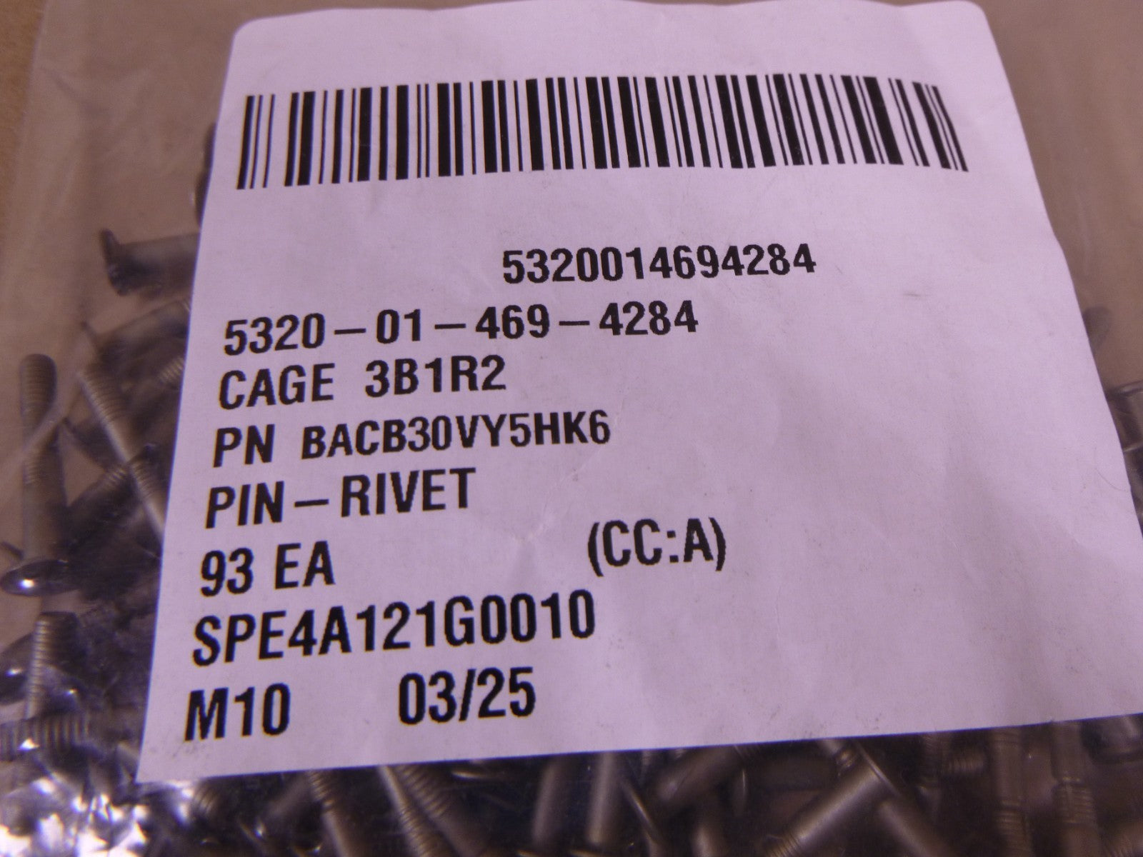 (93x) BACB30VY5HK6 Pin-Rivet , 5320-01-469-4284 | Industrial Replacement Nuts &amp; Bolts Distributor and Machinery Screws &amp; Fasteners Supply