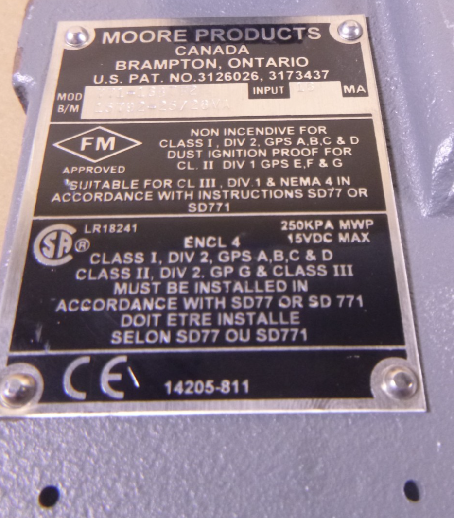 Moore Products 771-16BTF2 CURRENT TO PNEUMATIC TRANSDUCER 4-20MA , 16MA, 15VDC | Industrial MRO Replacement Parts, Manufacturing Machine Parts &amp; Components, Heavy Equipment Parts Supplier