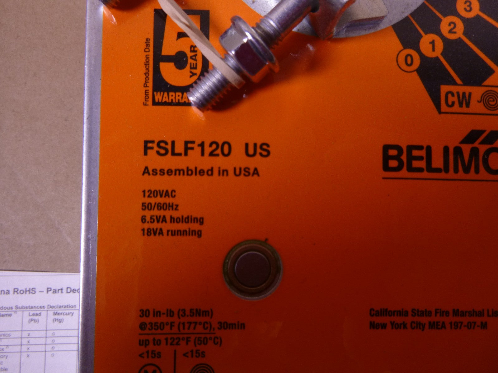 FSLF120 US Belimo Fire &amp; Smoke Actuator, 30 in-lb, Spring return, 120 Vac | Electrical MRO Replacement Parts &amp; Components and Commercial Electrical Supplies Company