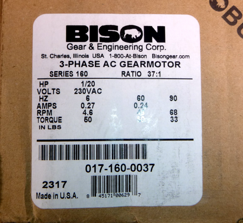 017-160-0037 BISON 1/20HP 46RPM TENV 230VAC 3ph Stainless SaniMotor Gearmotor | Industrial Electric Motors, Pumps & Parts