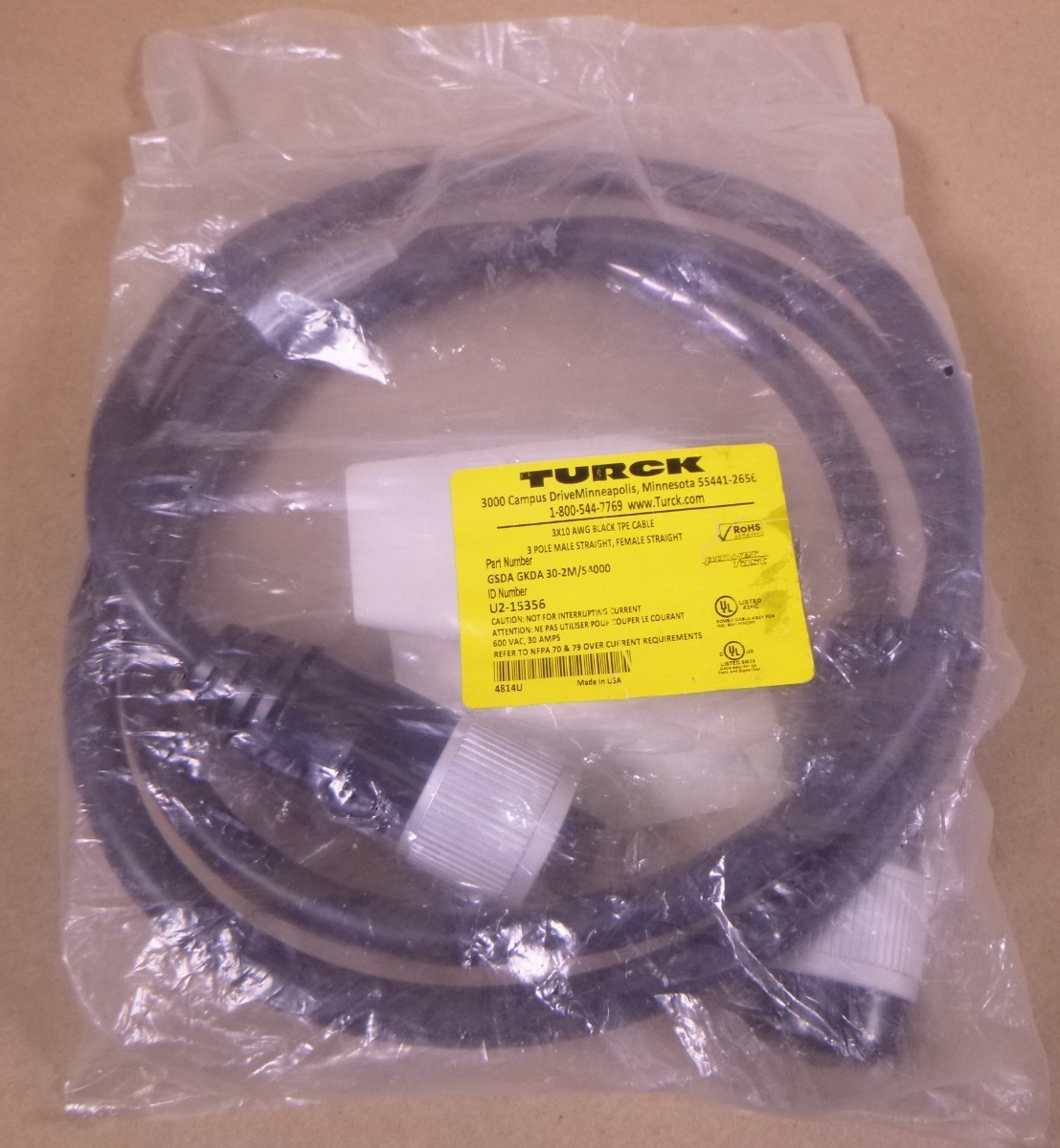Turck GSDA GKDA 30-2M/S4000 Powerfast Cordset 600VAC 30A 3-Pin M F , U2-15356 | Electrical MRO Replacement Parts &amp; Components and Commercial Electrical Supplies Company