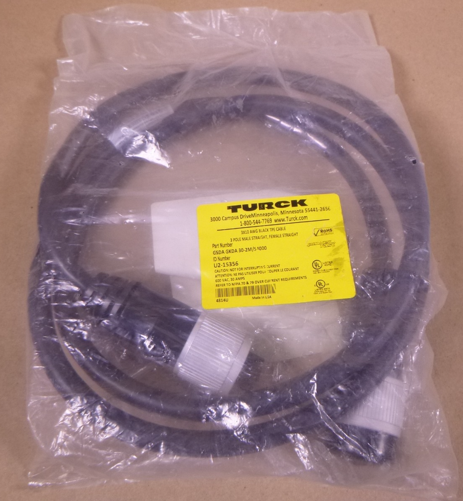 Turck GSDA GKDA 30-2M/S4000 Powerfast Cordset 600VAC 30A 3-Pin M F , U2-15356