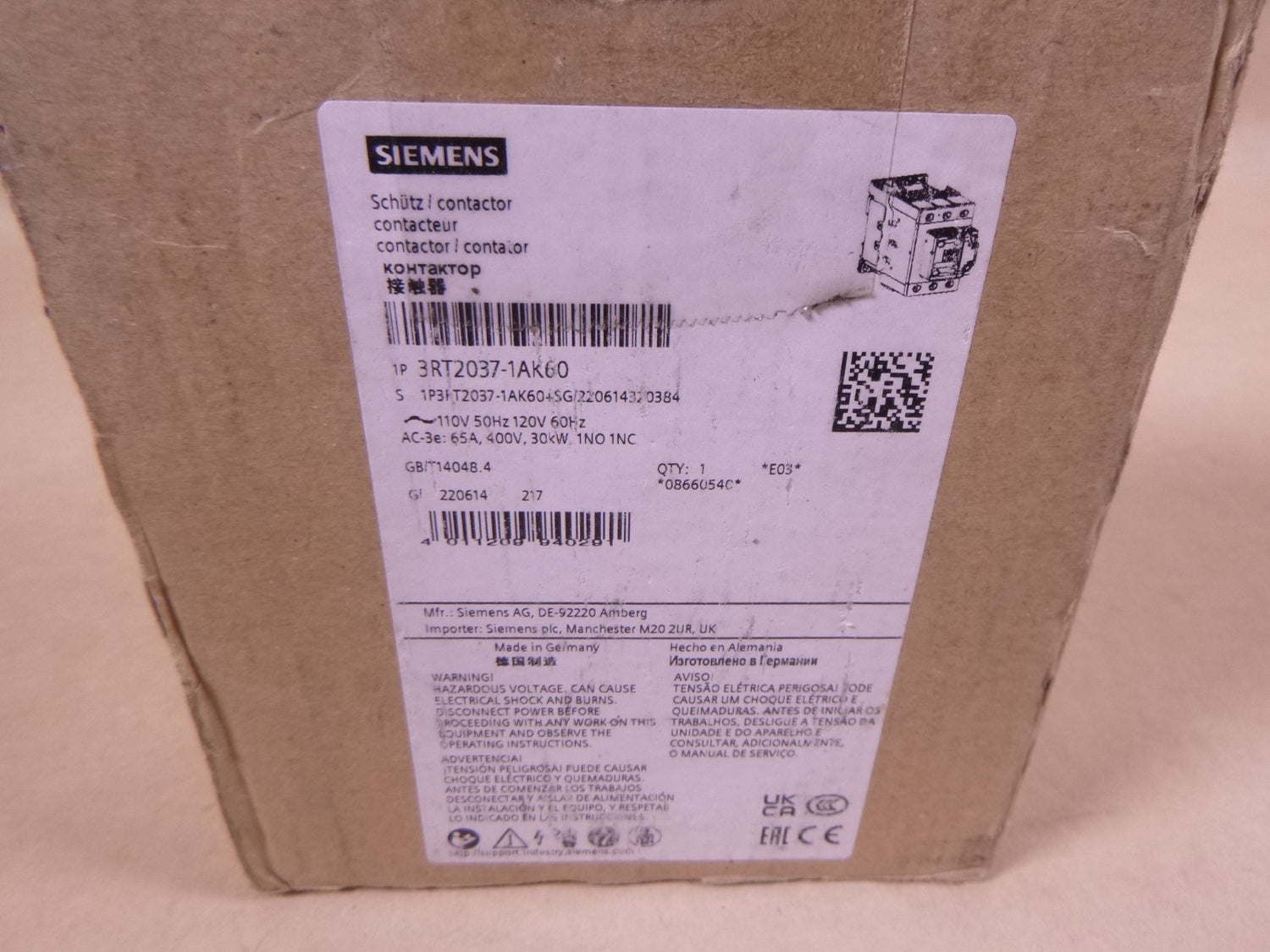 Siemens SIRIUS 3RT2037-1AK60 Contactor 110/120V 50/60Hz , 65A 400V 30kW 1NO 1NC | Electrical MRO Replacement Parts &amp; Components and Commercial Electrical Supplies Company