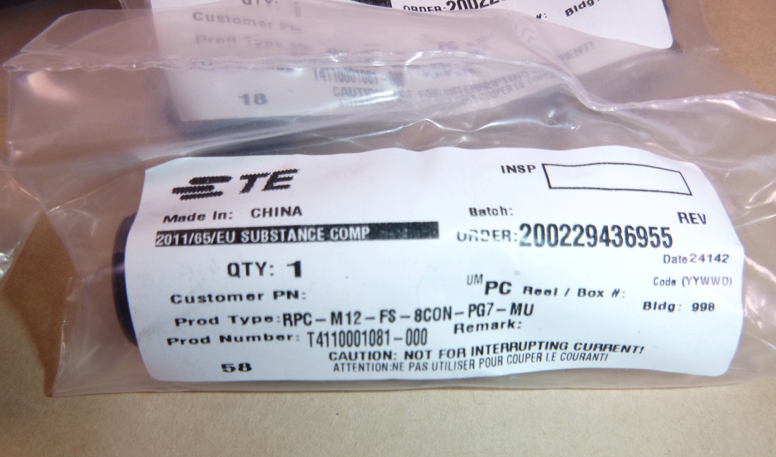 6x TE Connectivity T4110001081-000 Sensor Connector, PG7/4-6mm, M12, 8 Position | Electrical MRO Replacement Parts &amp; Components and Commercial Electrical Supplies Company