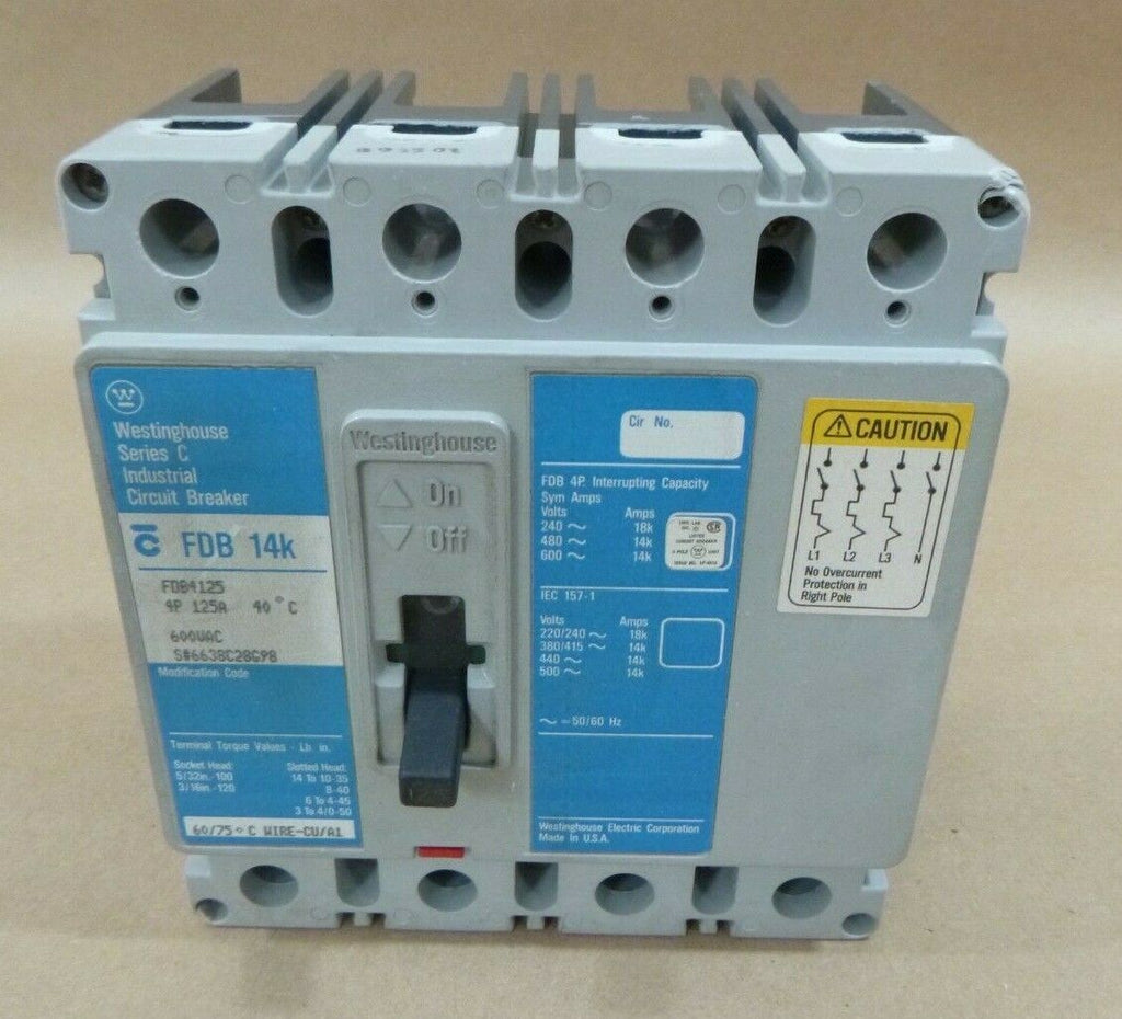 WESTINGHOUSE FDB4125 SERIES C INDUSTRIAL CIRCUIT BREAKER 125 AMP 4 POLE 600VAC | Electrical MRO Replacement Parts & Components and Commercial Electrical Supplies Company