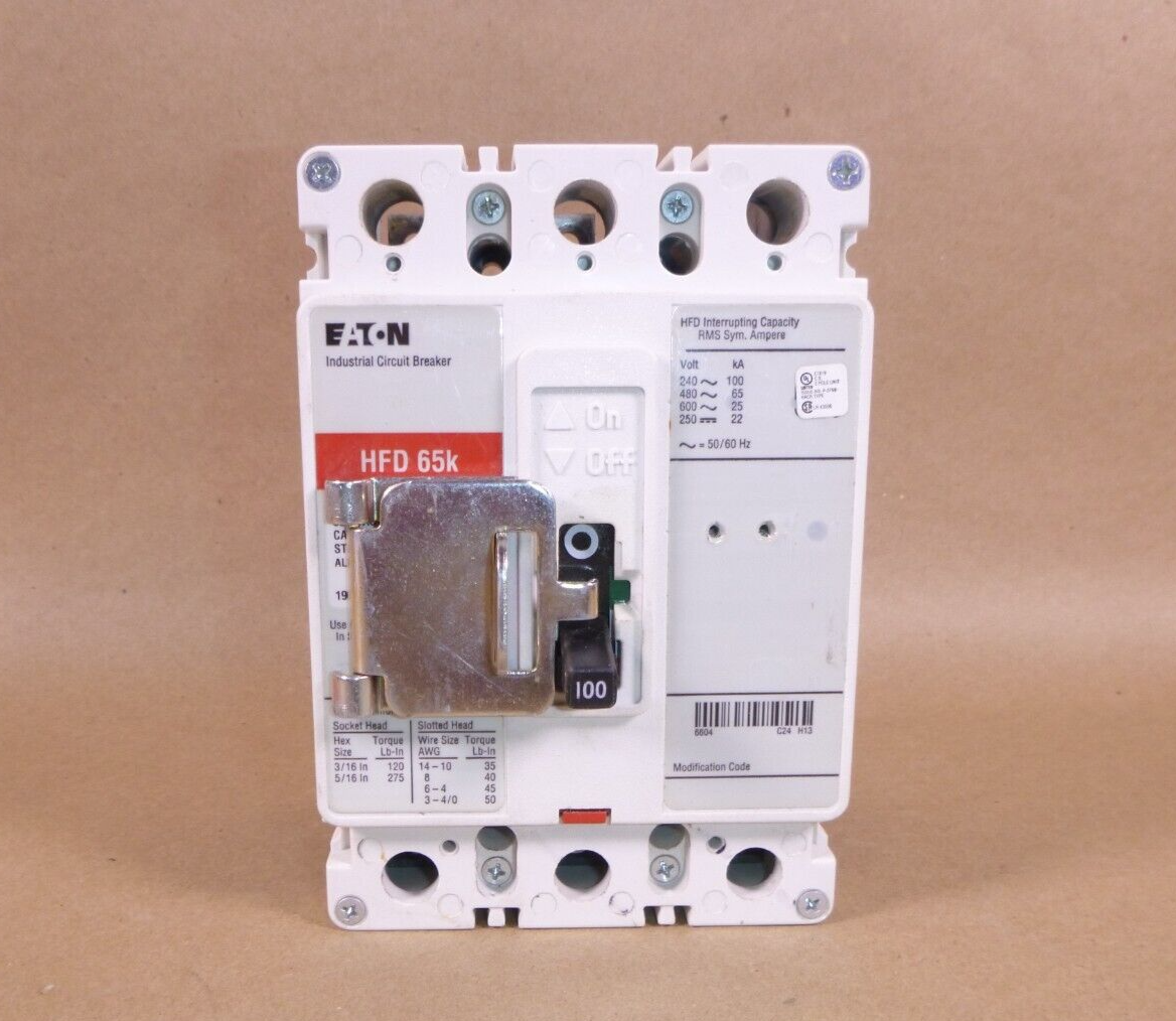 Eaton HFD3100 100 Amps 3-Pole 600 VAC 250 VDC Circuit Breaker W/ Padlock latch | Electrical MRO Replacement Parts &amp; Components and Commercial Electrical Supplies Company