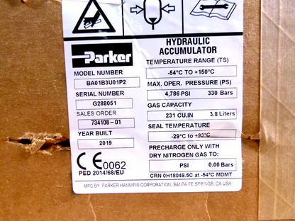 New Parker BA01B3U01P2 Hydraulic Bladder Accumulator 231 CU IN, 1-1/4" NPTF | Industrial MRO Replacement Parts, Manufacturing Machine Parts &amp; Components, Heavy Equipment Parts Supplier