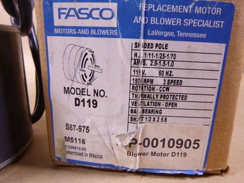 New Fasco D119 Fan Motor 1/11 hp 1500 RPM 3-Speed CCW 4.4" Diameter 115V