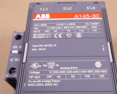 A145-30 ABB Contactor 250A , 220V - 1000V, 45 - 110 kW, 3ph 40-125HP | Electrical MRO Replacement Parts & Components and Commercial Electrical Supplies Company