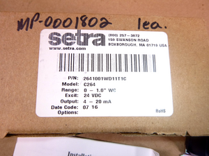 2641001WD11T1C Setra Differential Pressure Transducer 0 to 1" WC, NEW