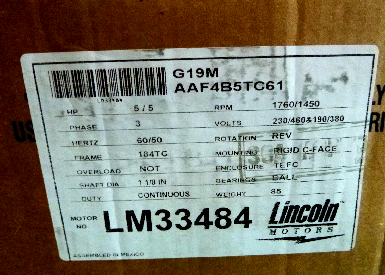 5 HP, 1800 RPM, 230/460 Volts, 3 PH, TEFC, 184TC, FOOTED, Lincoln, LM33484 | Industrial Electric Motors, Pumps &amp; Parts