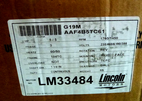 5 HP, 1800 RPM, 230/460 Volts, 3 PH, TEFC, 184TC, FOOTED, Lincoln, LM33484 | Industrial Electric Motors, Pumps & Parts