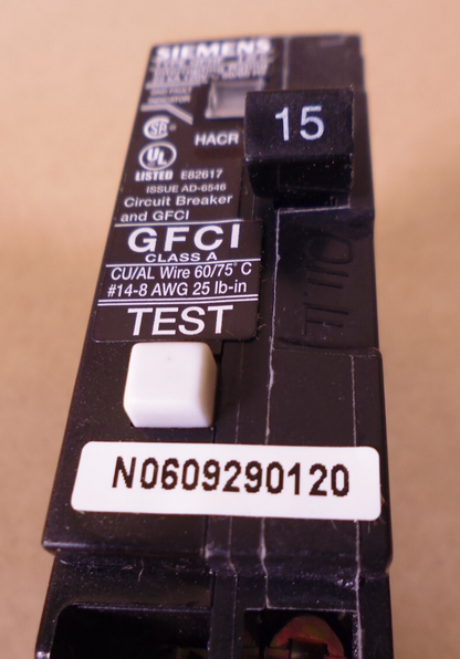 Siemens QF115H Ground Fault Circuit Breaker, 1 Pole - 15 Amp - GFCI - Type QPHF | Electrical MRO Replacement Parts &amp; Components and Commercial Electrical Supplies Company
