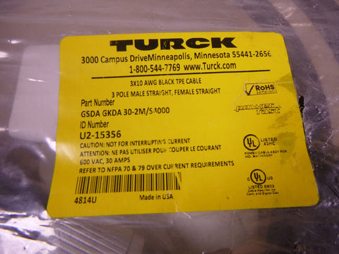 Turck GSDA GKDA 30-2M/S4000 Powerfast Cordset 600VAC 30A 3-Pin M F , U2-15356