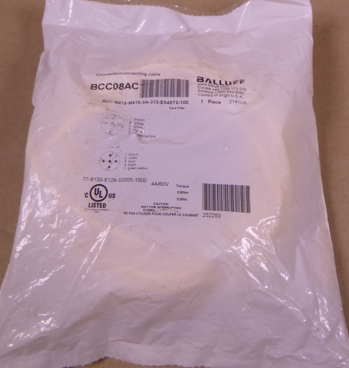 Balluff BCC08AC Connector Cable M12 5-Pin 10M , BCC M415-M415-3A-313-EX45T2-100 | Electrical MRO Replacement Parts &amp; Components and Commercial Electrical Supplies Company