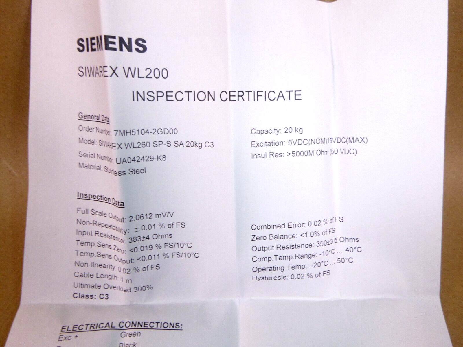 New Siemens SIWAREX WL260 SP-S SA Stainless Load Cell 4.09 Lbs. 20Kg Rated Load | Electrical MRO Replacement Parts &amp; Components and Commercial Electrical Supplies Company