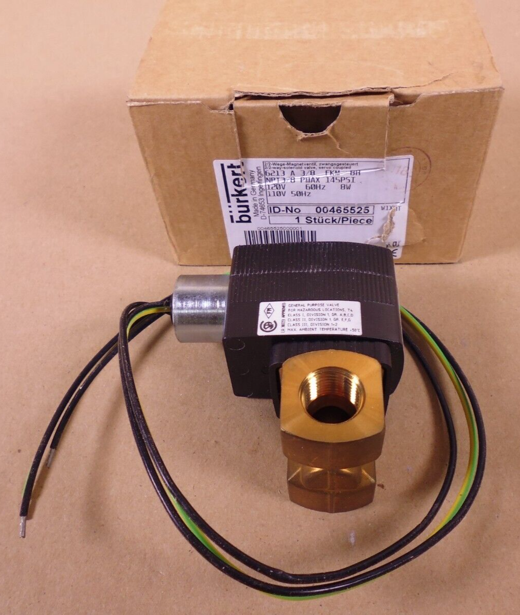 BURKERT 6213 A 3/8" Brass Solenoid Valve Normally Closed 145PSI 120V/110V | Electrical MRO Replacement Parts &amp; Components and Commercial Electrical Supplies Company