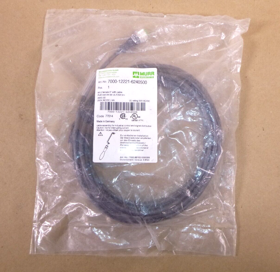 MURR 7000-12221-6240500 M12 Female With Cable, Pur 4X0.34 Bk Ul/Csa 5 Meter Long | Electrical MRO Replacement Parts &amp; Components and Commercial Electrical Supplies Company