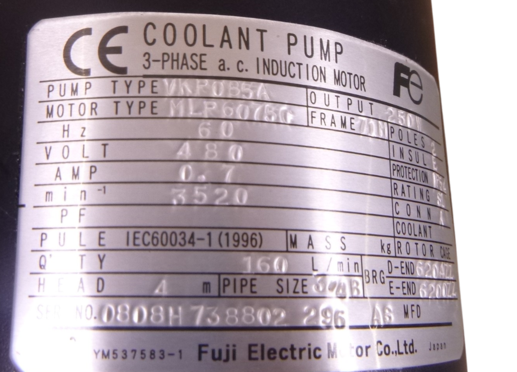 480V FUJI VKP085A 3-Phase Coolant Pump 250W 71M 2Pole 3/4" NPT MLP6075C 160L/MIN | Industrial Electric Motors, Pumps &amp; Parts