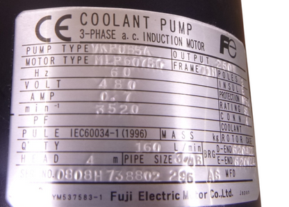 480V FUJI VKP085A 3-Phase Coolant Pump 250W 71M 2Pole 3/4" NPT MLP6075C 160L/MIN | Industrial Electric Motors, Pumps &amp; Parts