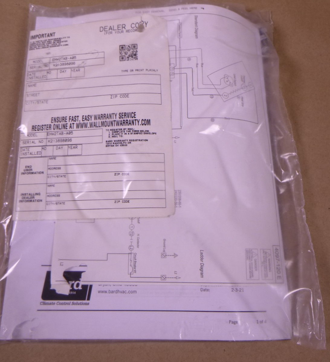 Bard EHW2TAB-A05 5KW Electric Heat Kit For W24AB-A A/C HVAC Models | Industrial MRO Replacement Parts, Manufacturing Machine Parts &amp; Components, Heavy Equipment Parts Supplier