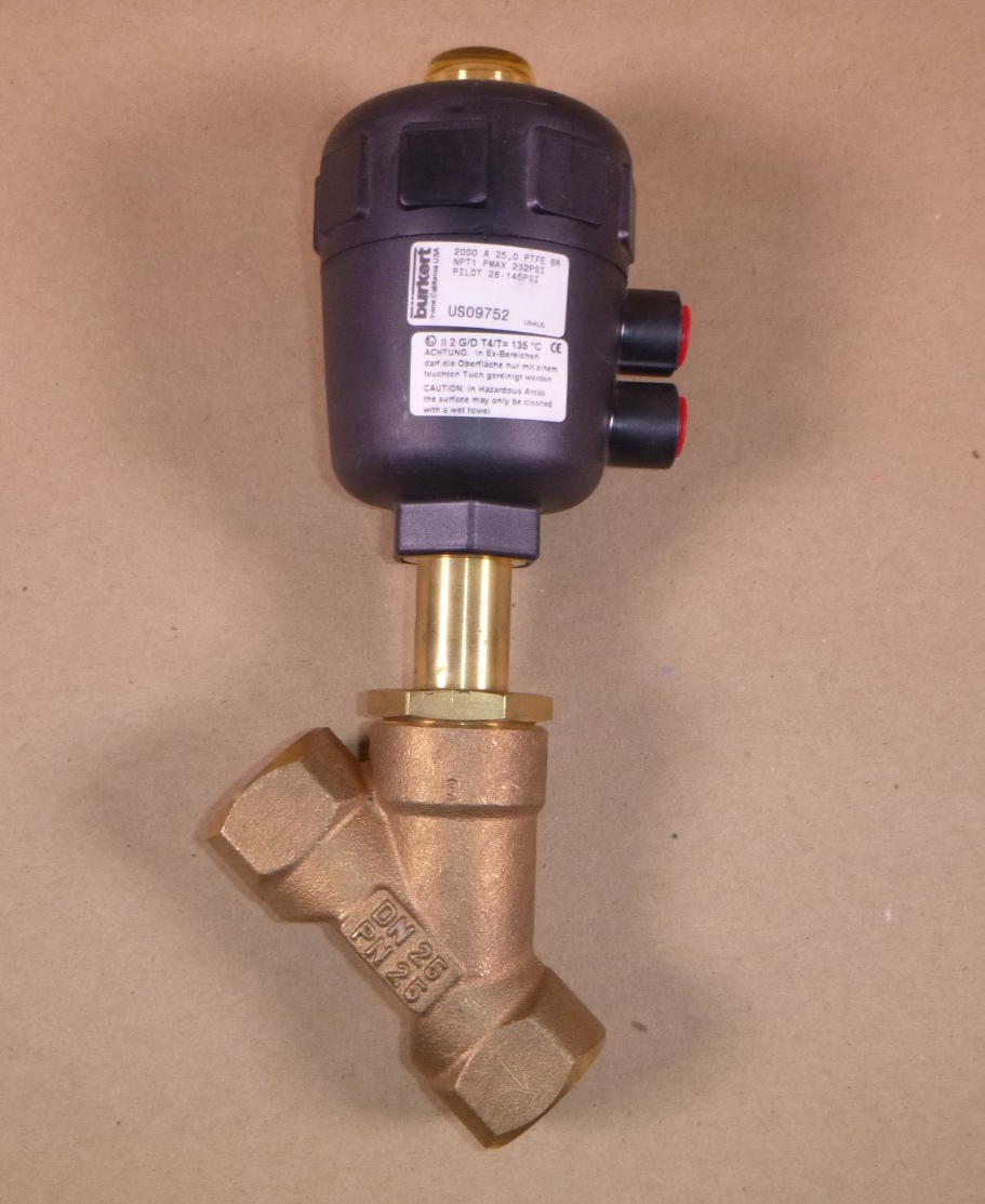 Burkert 1" Angle Seat Valve Type 2000 A 25, 0 PTFE BR NPT1 PMAX 232 Psi | Industrial MRO Replacement Parts, Manufacturing Machine Parts &amp; Components, Heavy Equipment Parts Supplier