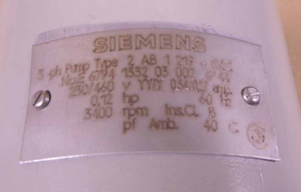 Siemens 2AB1 Immersion Pump 2AB1219-0XC 3PH 230/460V 0.12HP 3400RPM 0.54/0.27A | Industrial Electric Motors, Pumps &amp; Parts