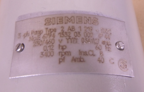 Siemens 2AB1 Immersion Pump 2AB1219-0XC 3PH 230/460V 0.12HP 3400RPM 0.54/0.27A | Industrial Electric Motors, Pumps & Parts