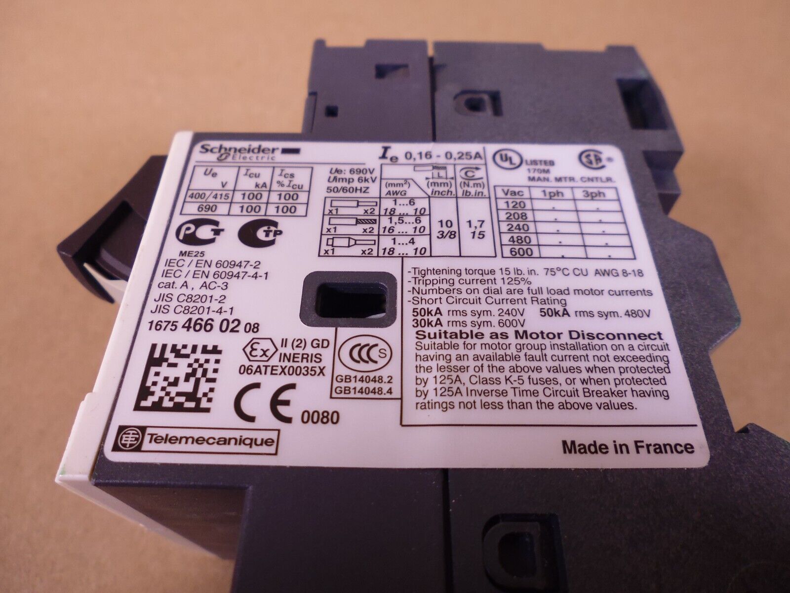 Schneider GV2ME02 Motor Circuit Breaker TeSys 034297 , 0.16-0.25A | Electrical MRO Replacement Parts &amp; Components and Commercial Electrical Supplies Company