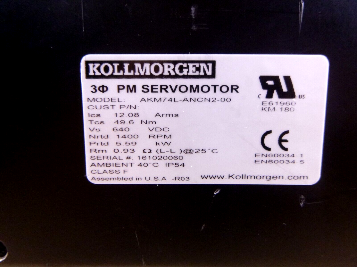 Kollmorgen 640 Vdc Servo Motor AKM74L-ANCN2-00, 5.59 KW (For Parts Not Working) | Industrial Electric Motors, Pumps &amp; Parts