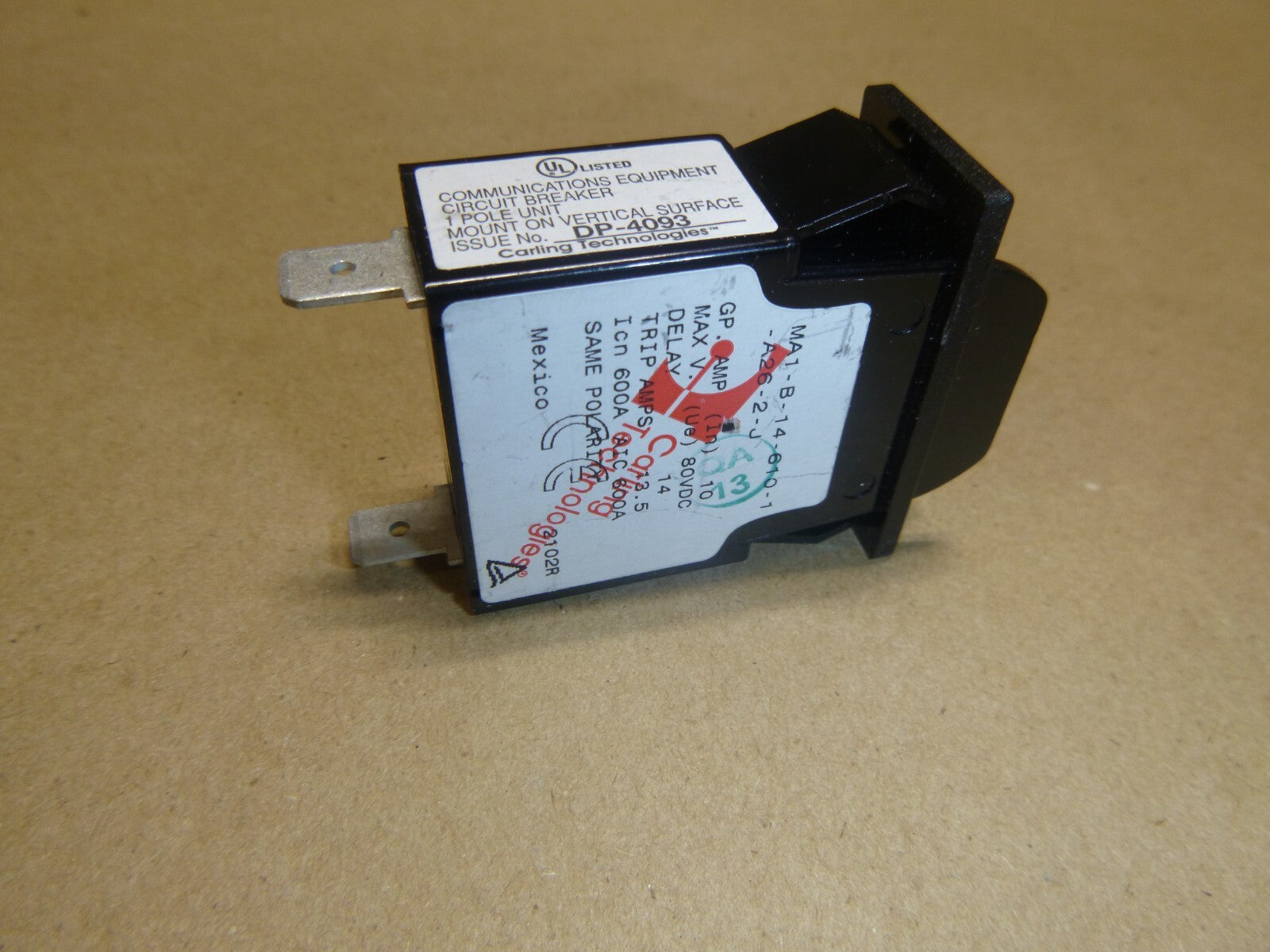 Carling MA1-B-14-610-1-A26-2-J Circuit Breaker 1Pole 10A 250VAC 80VDC Automotive | Electrical MRO Replacement Parts &amp; Components and Commercial Electrical Supplies Company