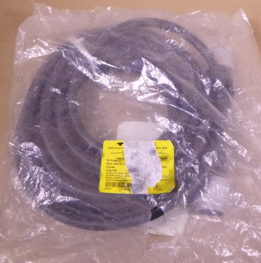 Turck GSDA GKDA 30-10M/S4000 Powerfast Cordset 600VAC 30A 3-Pin M F , U-34434