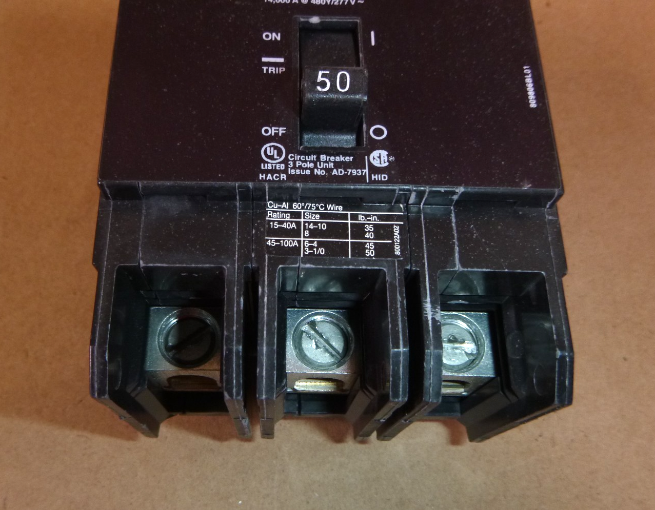 Siemens BQD350 50A 3-Pole Circuit Breaker 480/277V AC Bolt-On