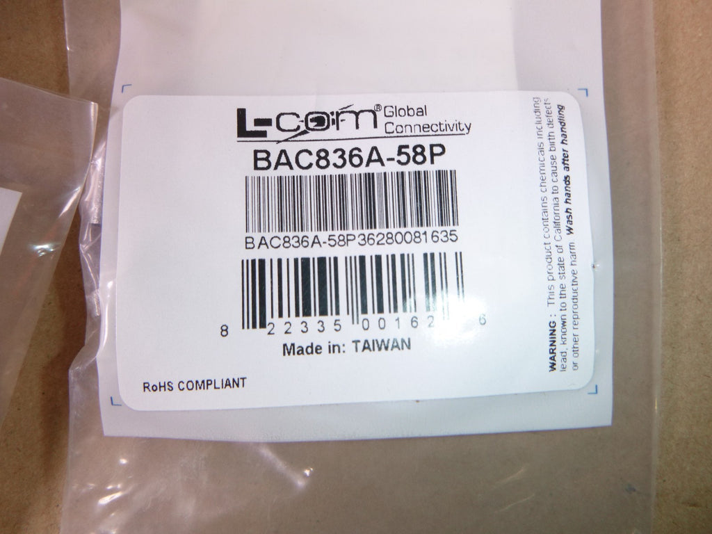 (Lot of 30) L-Com Coaxial Crimp Connector BAC836A-58P 50 ohm, Plenum RG58U | Electrical MRO Replacement Parts & Components and Commercial Electrical Supplies Company
