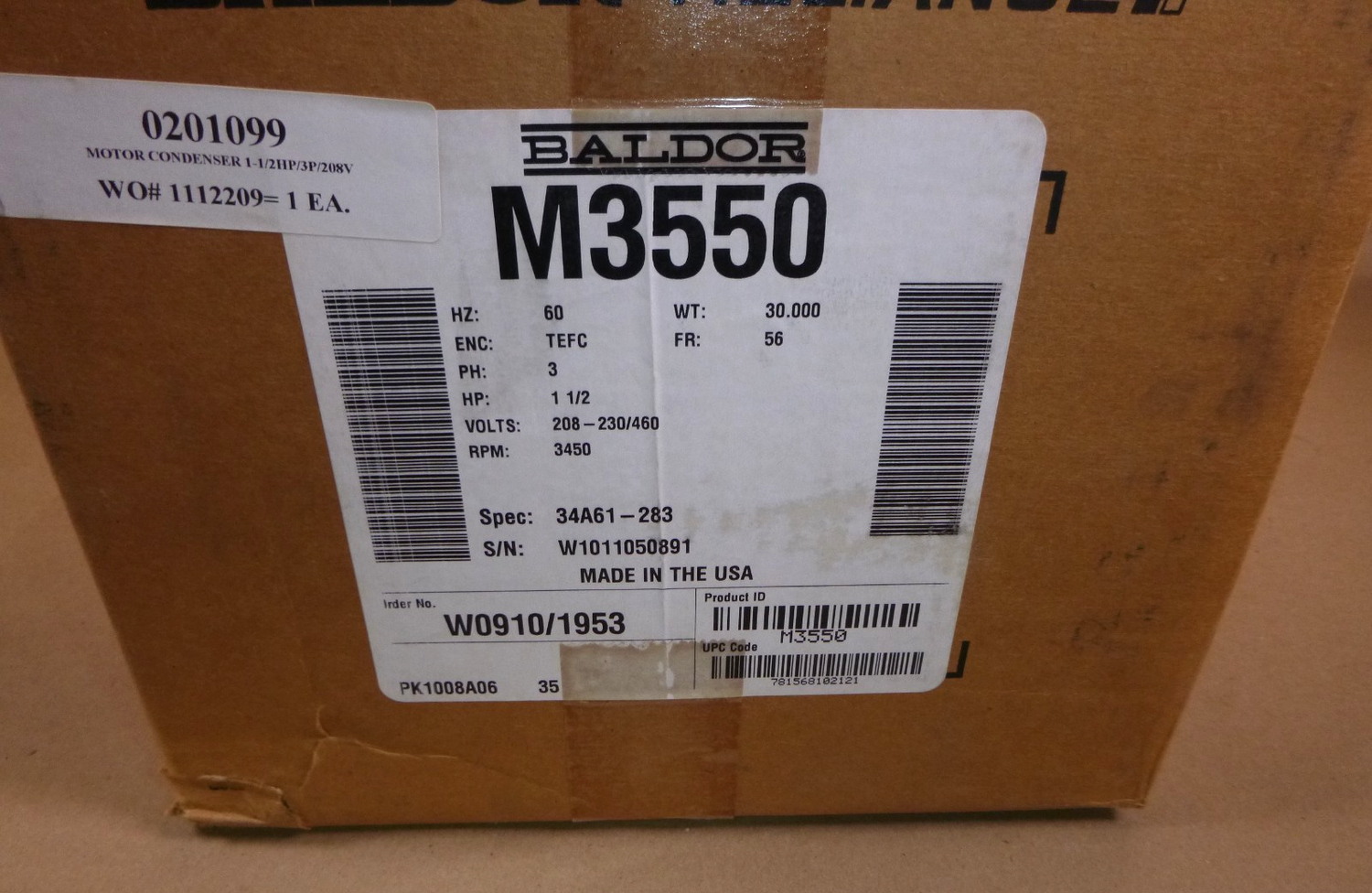 New Baldor M3550 General Purpose Motor, 1.5HP, 3450RPM, 3PH, 60HZ, 56 Frame TEFC | Industrial Electric Motors, Pumps &amp; Parts