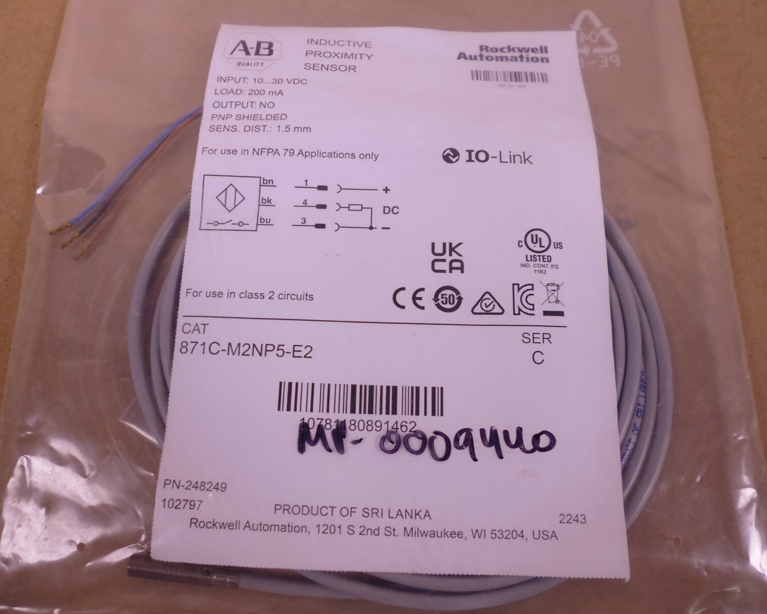 Allen-Bradley Inductive Proximity Sensor 871C-M2NP5-E2 10-30VDC 200mA , Ser C | Electrical MRO Replacement Parts &amp; Components and Commercial Electrical Supplies Company