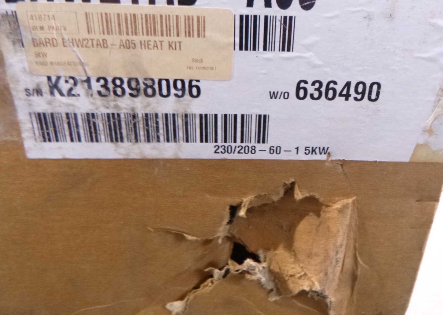 Bard EHW2TAB-A05 5KW Electric Heat Kit For W24AB-A A/C HVAC Models | Industrial MRO Replacement Parts, Manufacturing Machine Parts &amp; Components, Heavy Equipment Parts Supplier