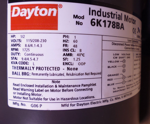 Dayton 1/2HP General Purpose Motor 1725RPM , 48 FR , 1PH , 115/208-230V , 1.25SF